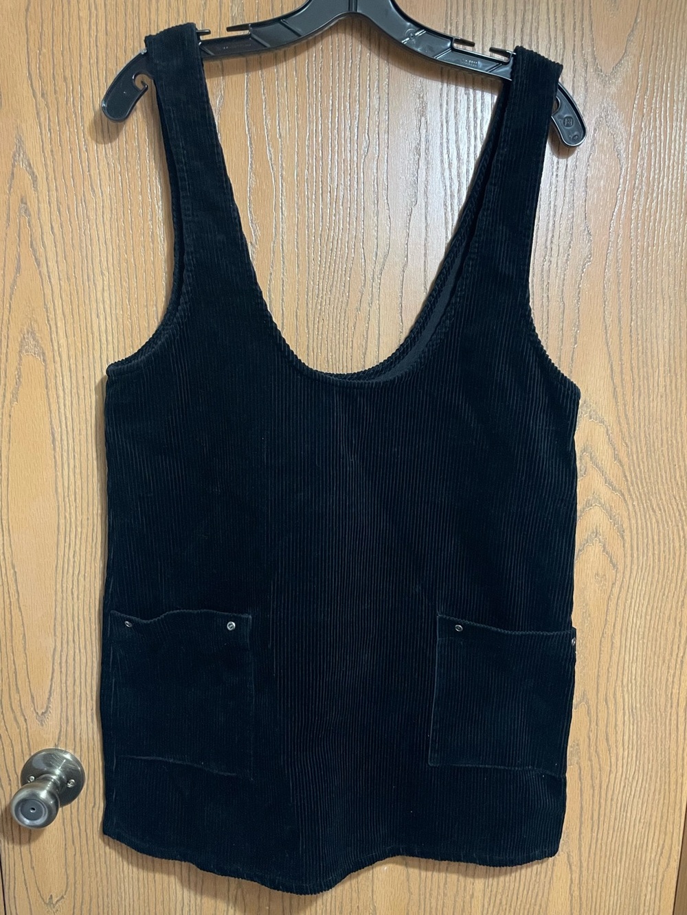 EUC Black Corduroy Mini Dress/Jumper with Front Pocket Detail and Deep V Neck